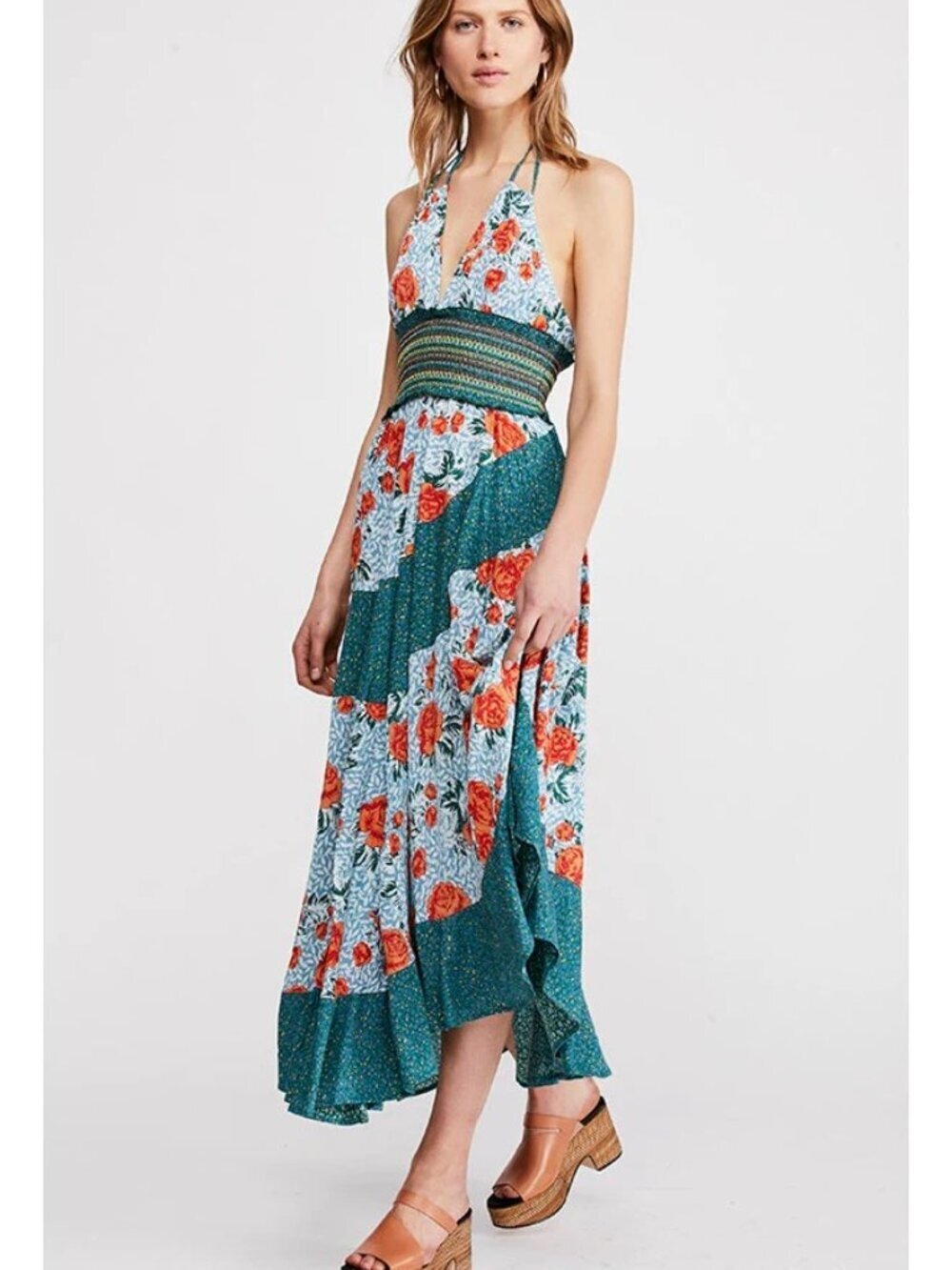 Free People Intimately Gabrielle Slip Halter Floral Smocked Midi Dress in Blue L
